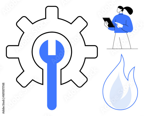Gear with wrench, professional reviewing details on a tablet, abstract flame graphic. Ideal for technology, maintenance, repair, support, energy, analytics simple landing page