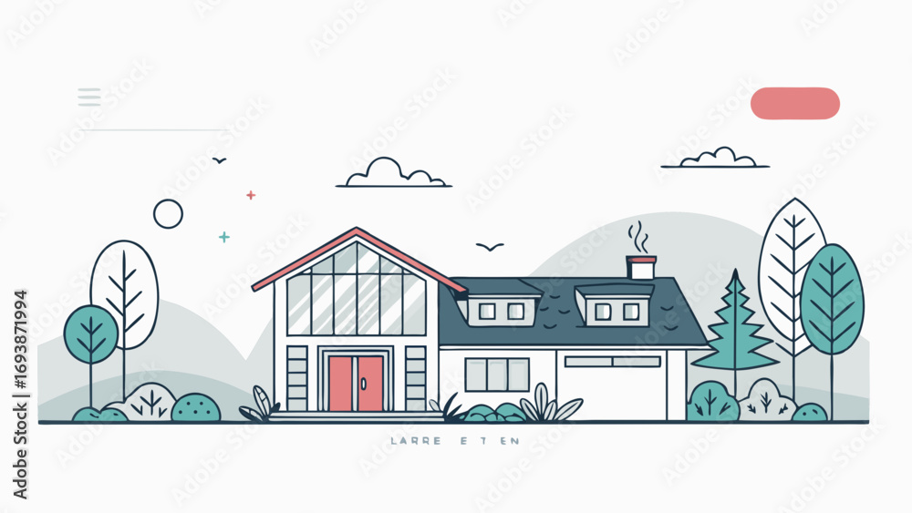 Fototapeta premium Illustrated Modern House with Red Doors and Windows.