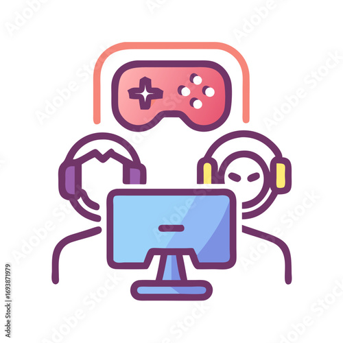 Multiplayer Gaming Stream Setup Concept with Two Players Using Headsets and a Console, Flat Icon Style