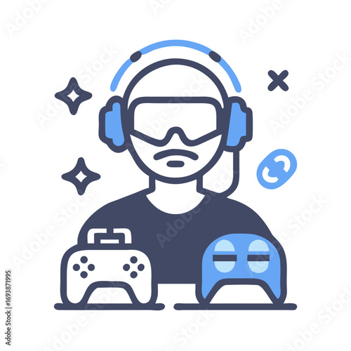 Stylized illustration of a gamer wearing VR headset with controllers and symbols on black backdrop