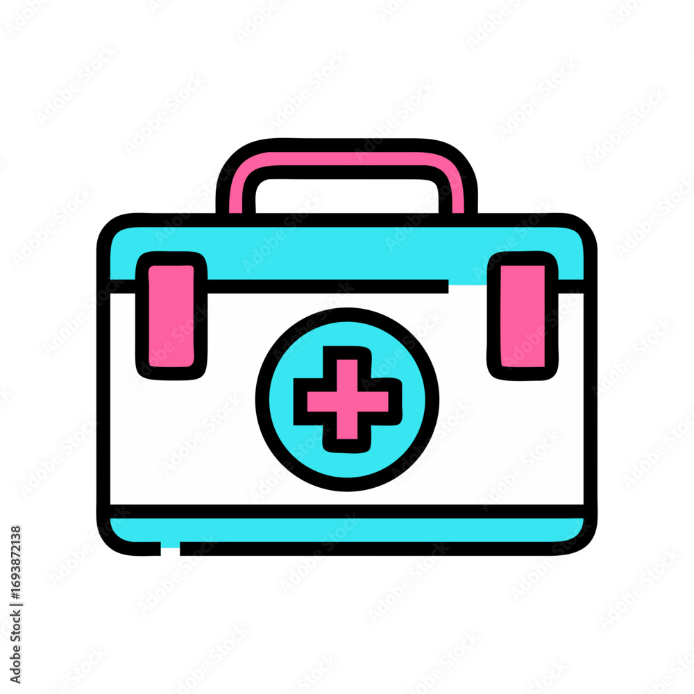 Fototapeta premium Stylized first aid kit illustration featuring bright colors and a medical cross symbol