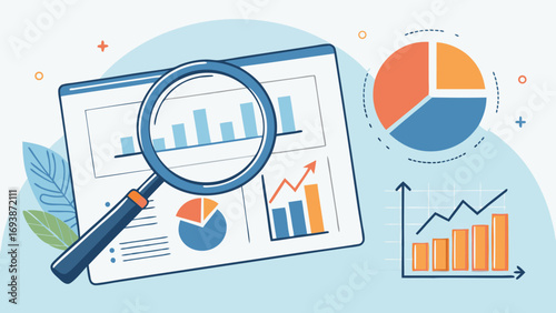 Magnifying Glass Examining Business Charts and Graphs.