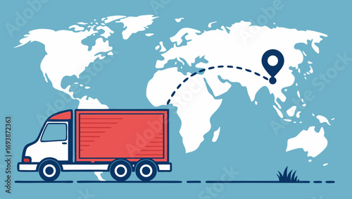 Red and White Delivery Truck with World Map.