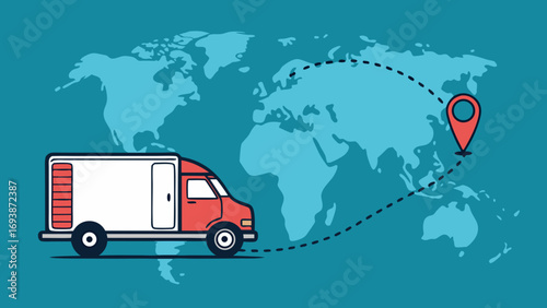 Red Delivery Truck with Global Shipping Route 1.