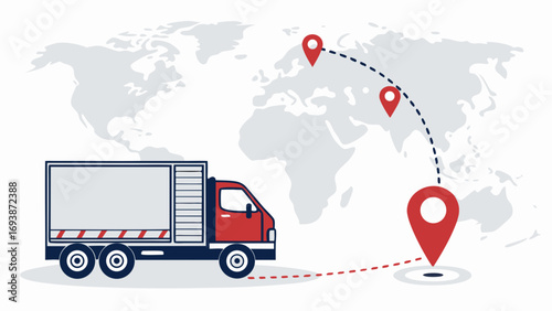 Red Delivery Truck with Global Shipping Route.