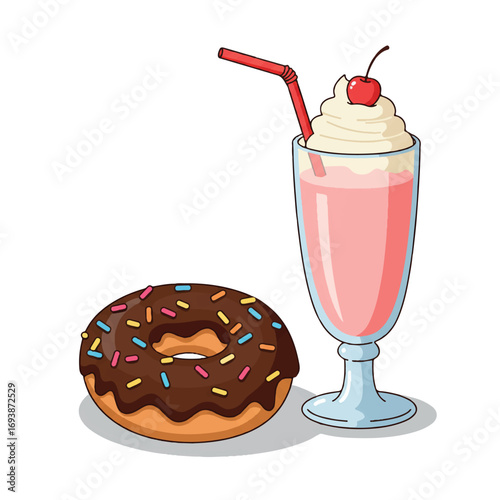 A cheerful 2D flat vector illustrates a chocolate-glazed donut with sprinkles and a strawberry milkshake, whipped cream and cherry.