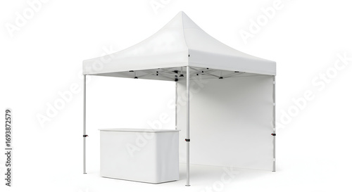 Clean white pop-up canopy tent and counter for outdoor events or marketing