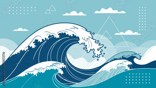 Stylized Illustration of Ocean Waves with White Crests.