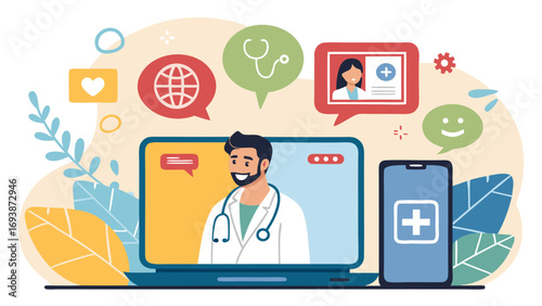 Telemedicine Doctor on Laptop Screen with Medical Icons.