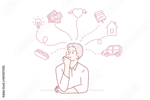 Dreaming of various things concept. Young man cartoon character sitting dreaming of food great ideas money love apartment car vector illustration