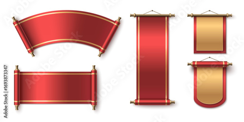 Traditional Chinese scroll banners with paper and gold accents - red curved, rectangular and vertical hanging designs with ornate handles. Oriental decorative elements for festivals celebrations.