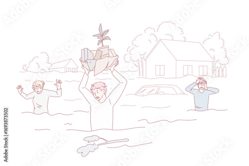 Flood and damaged estate concept. Group of unhappy stressed people walking through flood with pieces of belongings feeling panic vector illustration