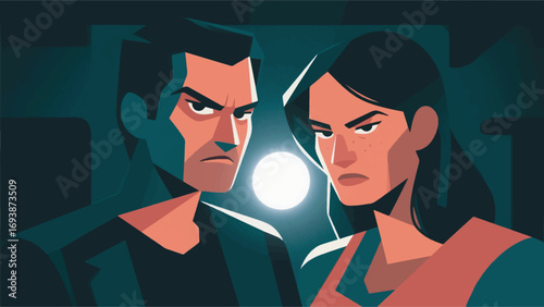 illustration of a couple with a sly and suspicious expression in a dark background with a spotlight vector design template