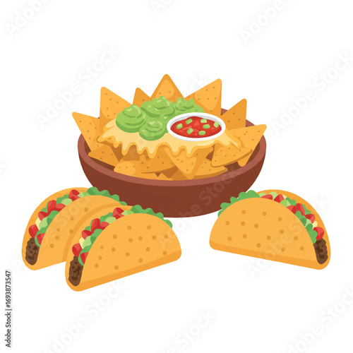 Simplified flat 2D vector illustration of cheesy nachos with guacamole and salsa next to crispy, filled tacos and fresh toppings, on a clean white background.