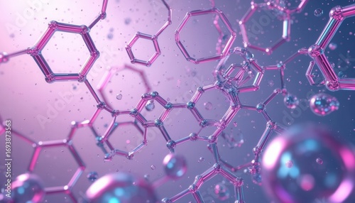 Pearl pink lilac gradient with metallic holographic glow, floating molecular wireframes, and hexagon grid. Perfect for biotech branding, sci‑fi design, and World Science Day campaigns.