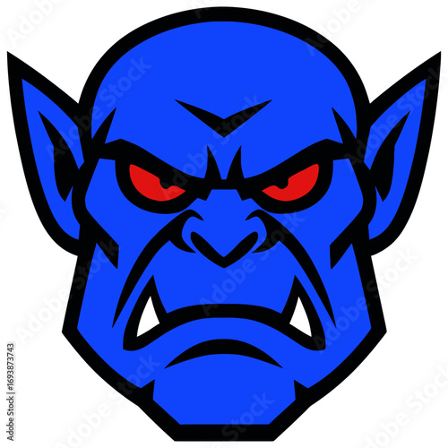 blue-skinned creature with red eyes, pointed ears, and sharp fangs