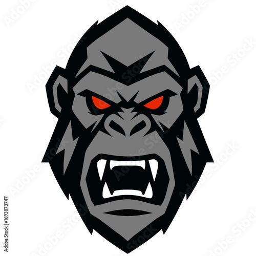 Angry gorilla head mascot with glowing red eyes and sharp fangs on white background