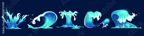 Wave water game effects with turquoise splashes, flowing streams and dynamic ocean currents for aquatic adventures. Liquid animations with foam details. Sea surge graphics for surfing or marine games