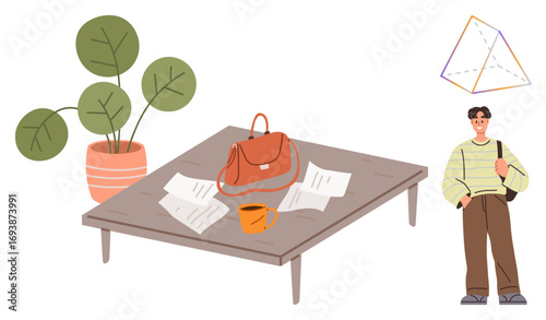 Clean table holding papers, leather bag, mug, and potted plant surrounded by a person in casual attire. Ideal for productivity, workspace, personal organization, relaxation, learning education