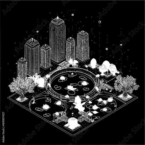 Escape the ordinary and dive into this surreal city oasis where skyscrapers meet serene lily pads and dreams bloom