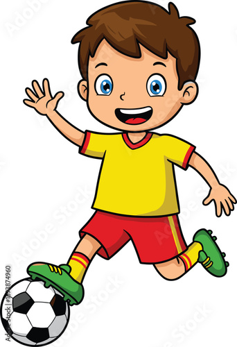 Happy cartoon boy playing soccer in uniform, kicking football with smile, isolated on white background, vector illustration clipart.