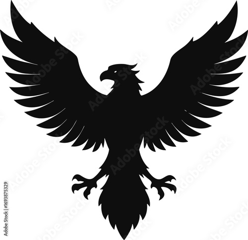 Silhouette of a flying eagle with wings spread wide.