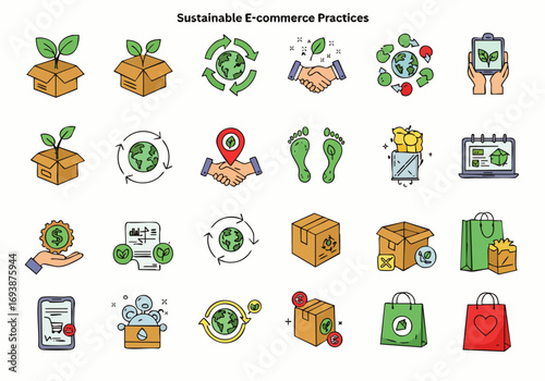 This extensive icon set visually represents sustainable e-commerce practices, highlighting eco-friendly packaging, circular economy, and ethical online trade.