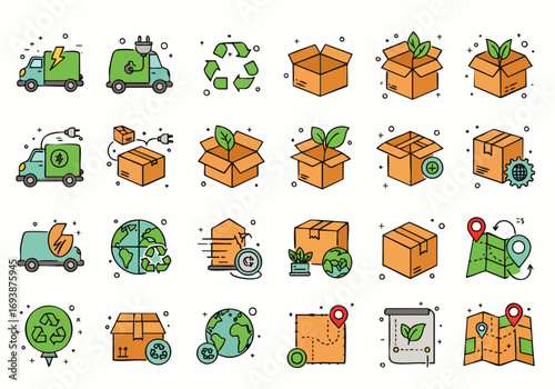 A vibrant icon set illustrating sustainable logistics, eco-friendly delivery, and green packaging, highlighting environmental responsibility in modern shipping.