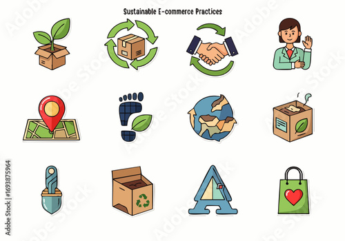 Illustrative vector icons depicting sustainable e-commerce practices, including eco-friendly packaging, responsible logistics, and green business strategies.