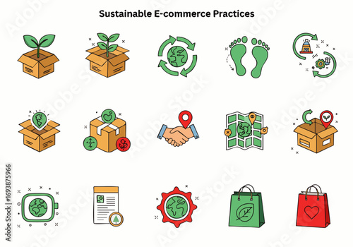 This vibrant vector icon set visually represents key sustainable practices and eco-friendly initiatives essential for modern e-commerce businesses, emphasizing environmental care.