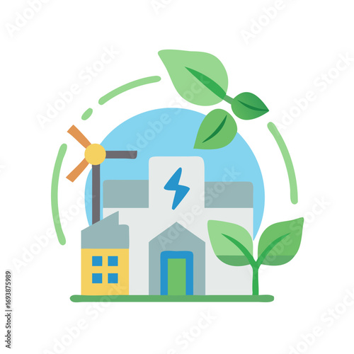 Illustration of sustainable energy building with wind turbine and surrounding leaves on black background