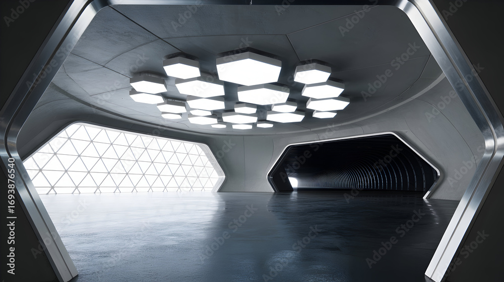 Obraz premium Sleek, modern hexagonal interior with illuminated ceiling panels and geometric window