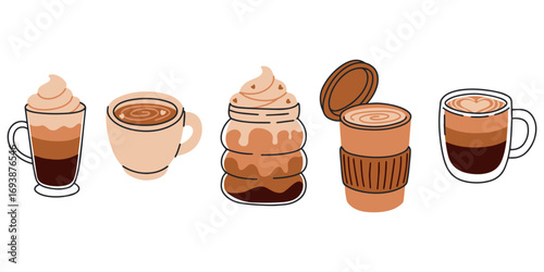 Vector illustration set with coffee drinks in mugs and jars with cream topping, flat style icons for cafe menu and beverage design