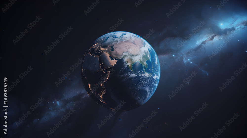 Fototapeta premium Majestic Earth glowing in the vast darkness of space, illuminated by stars and distant galaxies.
