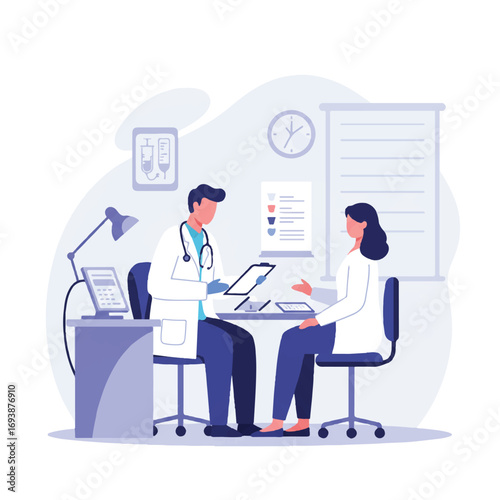 Flat 2D vector illustration of a doctor consulting a patient on an examination table in a clinic, surrounded by healthcare equipment, white background.