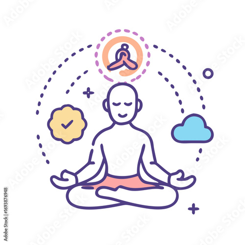 Meditating figure in lotus position with positive affirmation elements floating above and around