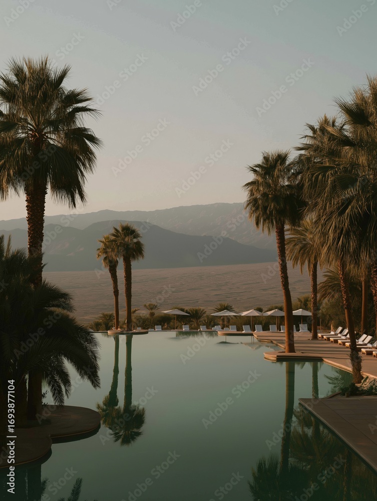 Obraz premium Beautiful landscape of a resort with a large swimming pool in the foreground. the pool is surrounded by palm trees and there are lounge chairs and umbrellas scattered around the pool.