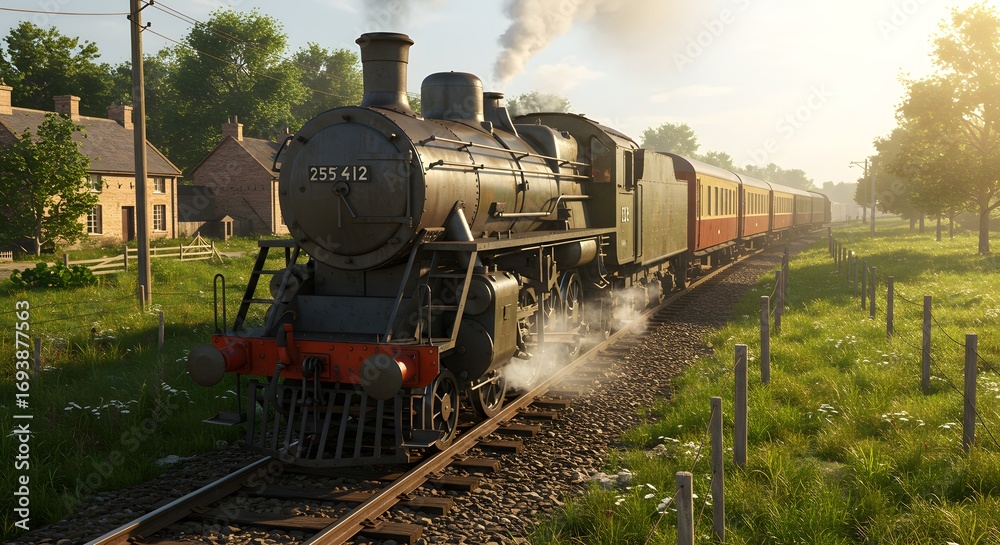 Naklejka premium Vintage Steam Train in Countryside – Historic Locomotive with Passenger Carriages