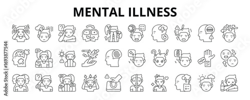 30 Mental Illness Line Icons Vector - Anxiety, OCD, PTSD, Panic Disorder, ADHD, Hallucination, Self Harm, Dementia, Paranoia