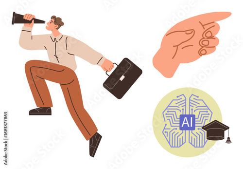 Man with telescope and briefcase symbolizes vision and opportunities. Spotlit AI chip with graduation cap and pointing hand highlights technology, education. Ideal for business, innovation