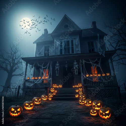 Dark abandoned haunted house decorated for halloween, glowing pumpkin lanterns at entrance