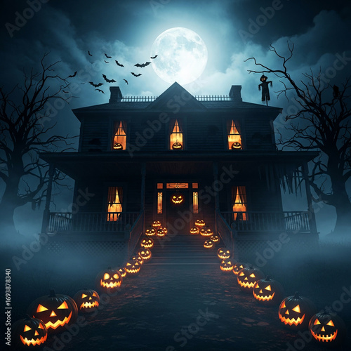 Dark abandoned haunted house decorated for halloween, glowing pumpkin lanterns at entrance