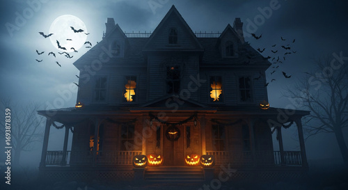 Dark abandoned haunted house decorated for halloween, glowing pumpkin lanterns at entrance