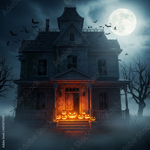 Dark abandoned haunted house decorated for halloween, glowing pumpkin lanterns at entrance