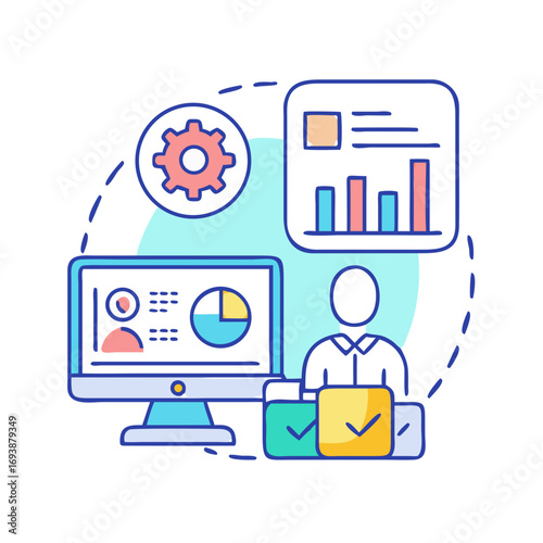 Data analysis and business analytics illustration showing workflow, reporting, and process management on computer screen