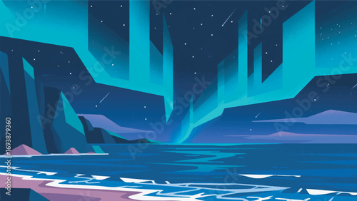 illustration of a calm seascape and a night sky filled with aurora lights vector design template