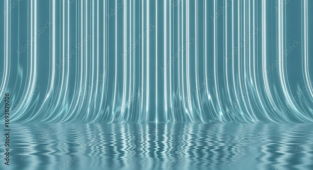 Obraz premium Blue neon light strips curve into reflective water