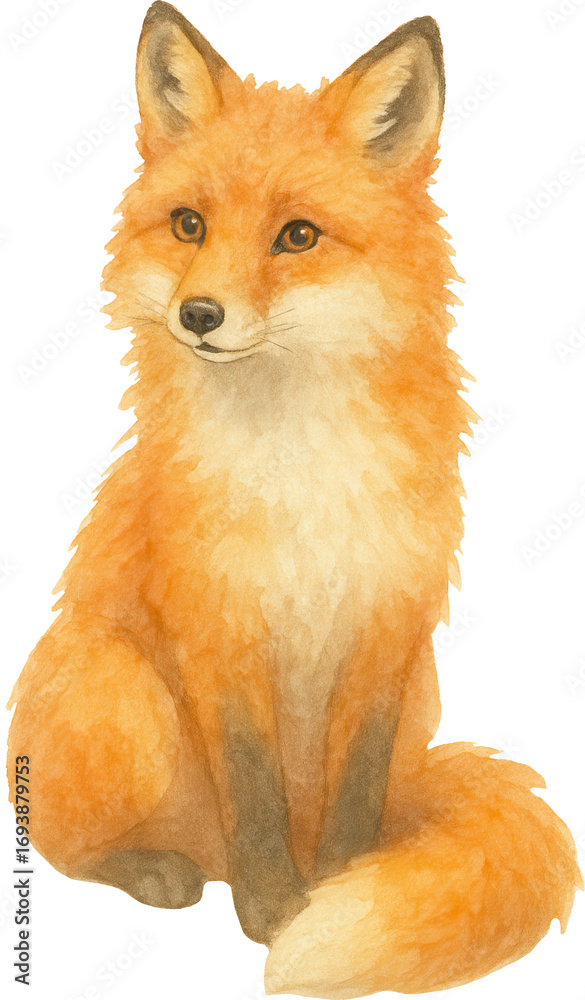 Fototapeta premium Watercolor illustration of a red fox sitting with fluffy tail and bright eyes, detailed woodland animal artwork perfect for nature, wildlife, and decor designs.