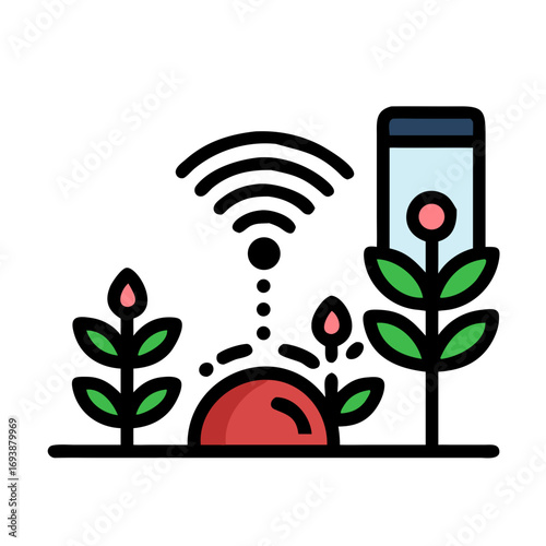 Stylized Illustration of a Garden Scene with Flowers and a Raised Garden Bed on Black