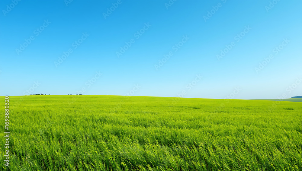 Naklejka premium A wide open landscape featuring a vibrant green meadow under a clear blue sky. Fresh grass fields bathed in bright natural light create a clean and minimal background, ideal for website design, presen
